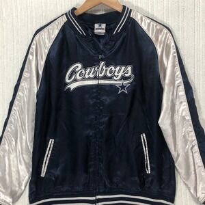 Cowboys for her NFL Satin Bomber Jacket‎ Full Zip Silver Sleeve Navy Blue Size M